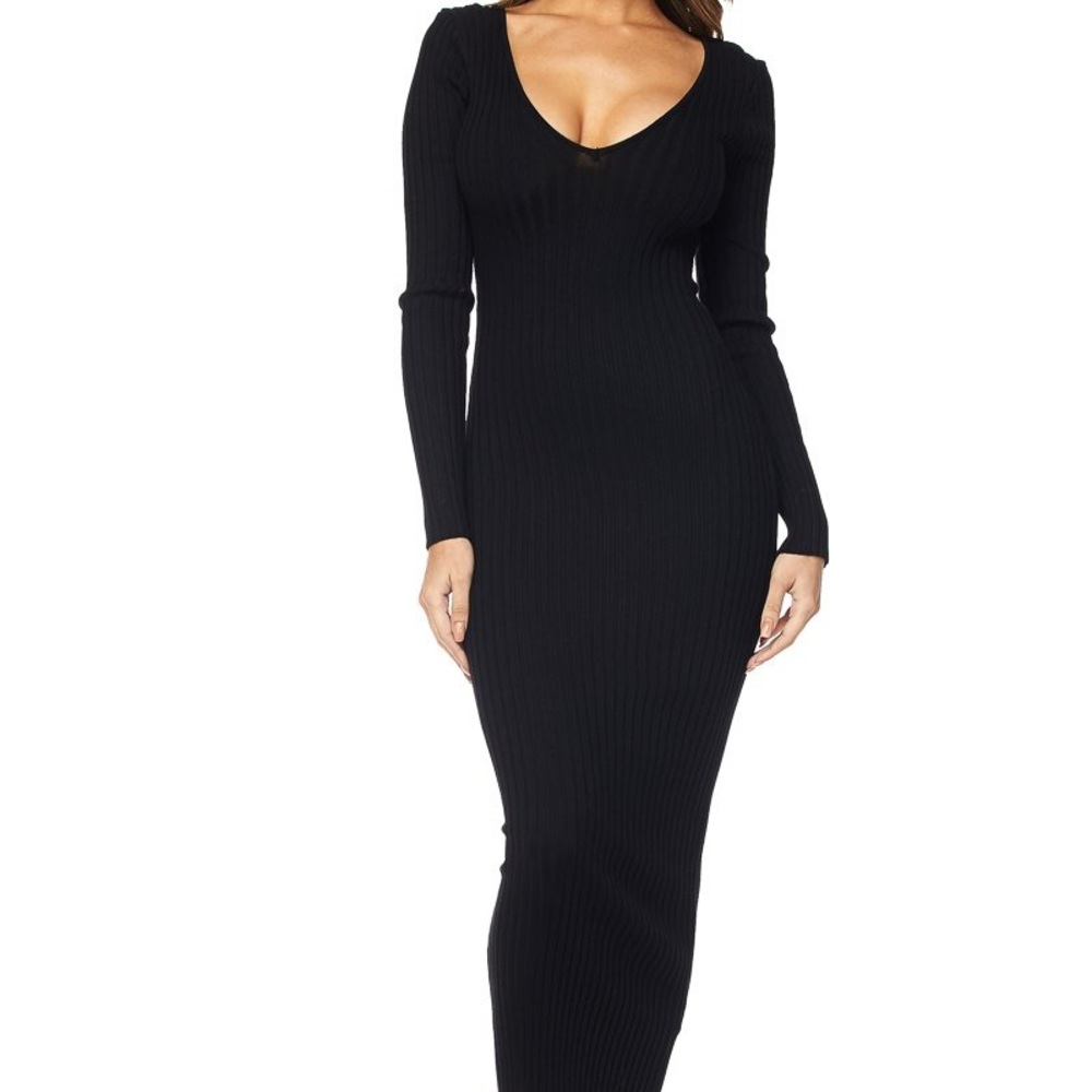 Women’s Knit Body-Con Maxi Dress Long Sleeve Black Large Pullover V-Neck